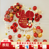 Mickey Mouse baby one year birthday arrangement men and women treasure Net Red children balloon party scene decoration background wall