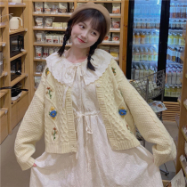 PinkstatShop spring new small forest sweet and beautiful teenage girl with solid crochet retro-knitted sweatshirt