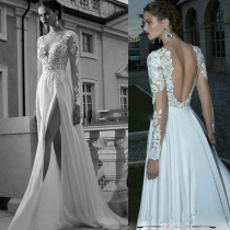 European and American style embroidered backless sexy lace chiffon tailing studio Photo Exterior dress split chiffon dress