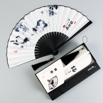 Ancient style ink folding fan Male Chinese style Hanfu portable tassel small fan Japanese folding fan Summer fan female