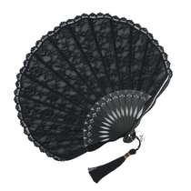 Classical embroidery lace folding fan Womens folding cheongsam fan Dance ancient style black fan Portable small round fan summer