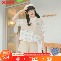 Original Mori tribe salt wear set two-piece set high-waisted slacks fake two pieces contrast short-sleeved shirt tide