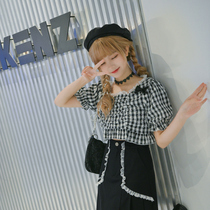 Original Mori Girl blog check top puff sleeves sweet cool small T-shirt cropped top new for summer 2022