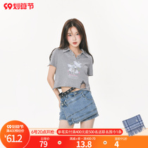 Original Mori female tribe niche design hot girl premium sense gray cropped T-shirt ripped short polo top summer