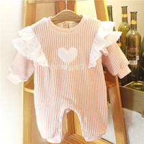 Female baby autumn and winter clothes Korean lace love jumpsuit baby plus velvet thickened warm clothes full moon out