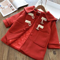 Girl Han Edition Vintage Vintage Wind Horn Buckle Large Capsized Plus-size Plus-size Children Baby Red Thickened Coat