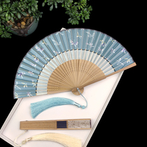 Chinese fan double section fan Retro style cheongsam Hanfu womens summer portable silk small folding fan Dance fan