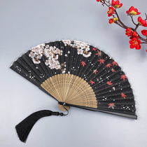 Antique folding fan summer female portable silk small bamboo fan Japanese cherry blossoms and ancient Chinese clothing tassel folding fan