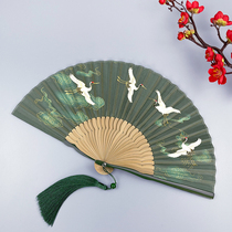 Fan Ancient style folding fan Female summer bamboo folding portable small fan Chinese style Crane ancient costume Hanfu Cheongsam dance fan