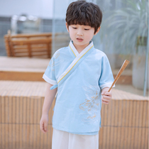 Childrens summer 2021 new cotton embroidered Hanfu short-sleeved young mens clothing ancient boys Three-Character Classics