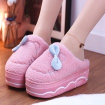 Japan thick cotton slippers women high heel cute bow indoor home slippers winter warm wear non-slip