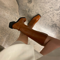 MONA with boots 2021 autumn and winter New Vintage square head boots female English style thick bottom thick heel high tube Knight boots