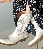 INS Italy vintage genuine leather western boots denim boots retro embroidered mid-cylinder female boots with large cylinder surrounding legs