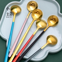 Color 304 stainless steel long handle mixing spoon spoon coffee small Korean gold household round head dessert spoon