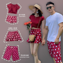 Vintage beach pants couple suit bikini three-piece swimsuit Female conservative thin seaside vacation couple swimsuit