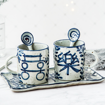  It turned out to be mud) Jingdezhen handmade retro ceramic cup Coarse pottery Fuxi blue and white mug Wedding gift