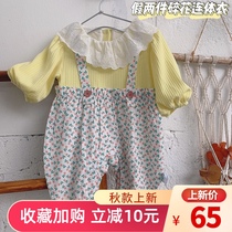  Baby clothes newborn one-piece spring and autumn female baby floral fake two-piece climbing clothes pure cotton out-of-pocket hugging clothes