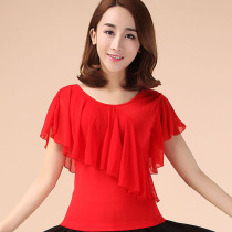  New spring and summer square dance clothing womens mesh performance dance top round neck Latin dance dance practice clothing cotton