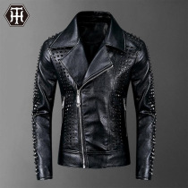 Net red tide mens light luxury autumn European station leather jacket rivet youth close-up suit collar motorcycle suit mens autumn clothing