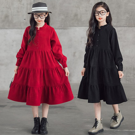女童连衣裙春装长袖2023新款韩版中大童洋气立领大摆中长裙红裙子