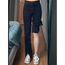  Large size split jeans female autumn thin pear-shaped body fat sister mm micro trumpet black pants high waist straight tube