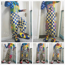 Single pants yellow blue plaid strap stretch pants acrobatic juggling pants clown performance festival costume