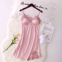 Lace suspender night dress womens 2021 new summer ultra-thin ice silk sexy temptation with chest pad private pajamas