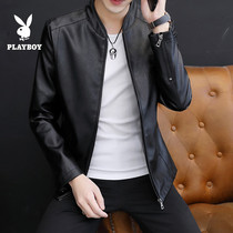 Playboy mens leather clothing PU autumn and winter jacket mens leisure youth standing collar trend locomotive clothing short leather jacket