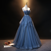 Temperament bandeau banquet Bride wedding toast dress Vocal art exam host evening dress Starry sky high set adult dress
