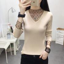 Thickened V-neck lace mesh sweater base shirt womens long sleeve 2019 autumn and winter New interior wear loose knit