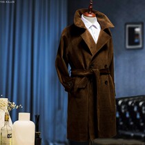 Thekiller men Cotton loose shoulder sleeve corduroy coat double breasted lapel long trench coat