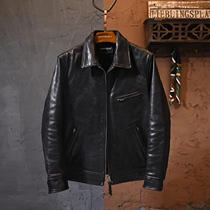 Real leather leather men without coating top layer Ma Pi Mukland Road vintage handsome leather jacket lapel collar short slim wooden box