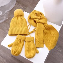 Japanese childrens knitted hat scarf gloves three-piece set plus velvet warm winter windproof hat girl wool hat