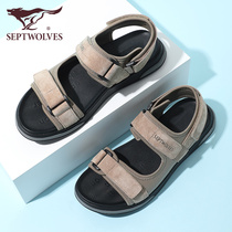  Seven wolves sandals mens summer outdoor wear casual leather sandals velcro teen driving leather breathable beach shoes