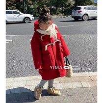 Korean version of winter clothes girls in the long horn buckle hood wool coat New Year red tweed coat New Years eve dress