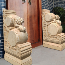 Stone carved door mound holding drumstone Han white jade door mound stone drum door mound imitation ancient pair of green stone town house lion doorway swing piece