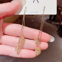 s925 silver needle hollowed-out solid one leaf storm rich flow Su anti-lose ear line Korean temperament net red fashion long earrings