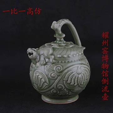 中国宋代耀州窯 宋代倒流壶创下天价的背后_搜狐网 古美術品 陽刻花紋 倒流壶￼ 食器