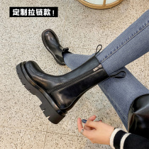 Zipped thick bottom Chelsea midbarrel boot genuine leather Martin boots female Inn wind plus suede high cylinder smoke pipe short boots