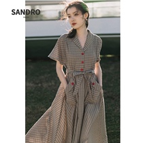 Japanese light luxury retro dress female summer temperament high waist plaid green Chiffon Georgette short sleeve fairy skirt