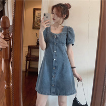  Denim dress womens summer French niche temperament waist small bubble sleeves long and short skirts large size short sleeves