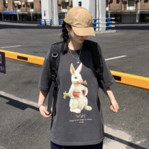 (Ding Yuxis same style) WUT rabbit oil painting short sleeve country tide card lovers hip hop trend round neck T-shirt New Xinjiang cotton
