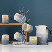 Household cup set stainless steel frame large capacity cold kettle ceramic water with 6 cup gradient digital cup tray