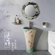Garden Outdoor art column basin Floor-to-ceiling antique bathroom Wash basin New Chinese lotus one-piece basin