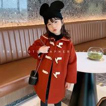 2021 Girl Winter Coat Children Foreign Air Clip Cotton Buffalo Horn Buckle Large Coat Red Trendy College Wind Warm Coat