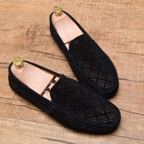 2022 new summer bean-bean shoes mens genuine leather breathable hollowed-out mens shoes one foot pedal sloth shoes 100 hitch casual shoes