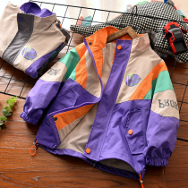  Boys  jackets spring and autumn 2021 new middle and large childrens Korean printing zipper shirt color matching childrens jackets western style