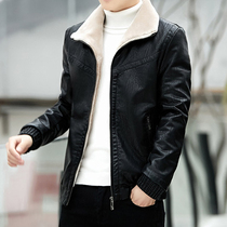 Winter new leather jacket Parker mens short fur coat Korean version of tide handsome plus velvet padded leather jacket