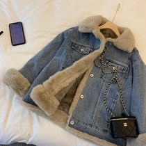 Lamb wool denim jacket womens plus velvet thick furry casual bf wind padded jacket loose pie to overcome womens fur winter