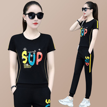 Casual Sports Suit Womens Summer Foreign Air Fashion Reduced Age Short Sleeves Two Sets 2022 New Round Neckwear Tshirt